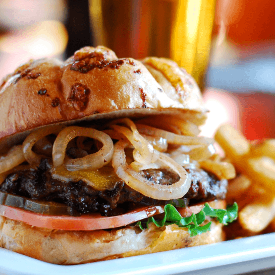 Photo of succulent burger and fries